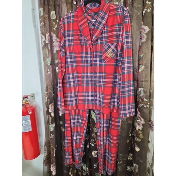 Ralph Lauren Womens Red Plaid Crest Christmas Pajama Pjs Set Top Pants Sz L - Picture 2 of 12